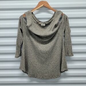 Goldspark Cold Shoulder Top Size M Womens Gray Ribbed Cowl Neck 3/4 Sleeve GT264